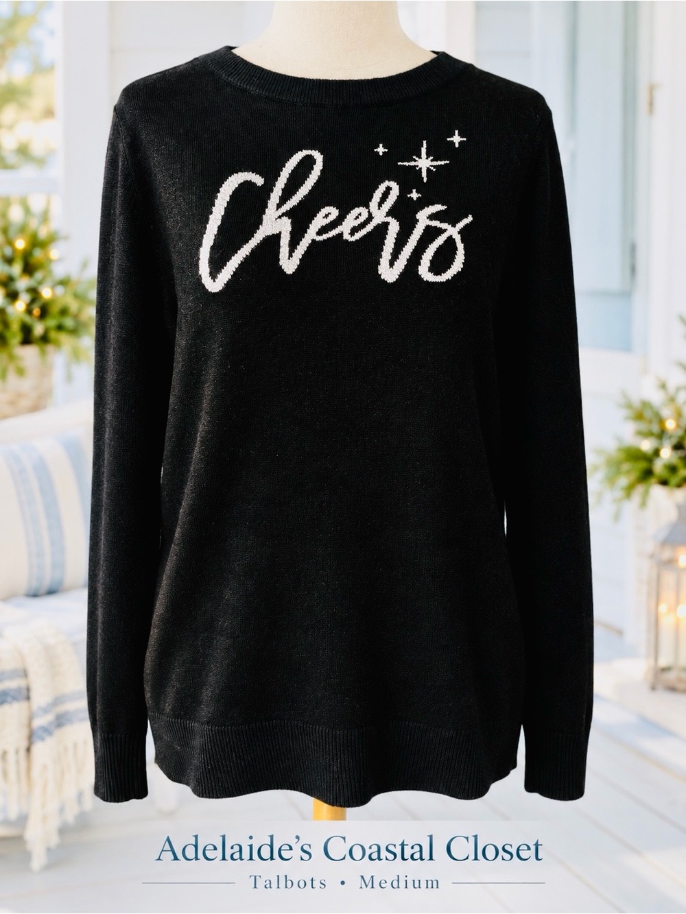 Talbots Cheers Sweater Women’s Medium Black Silver Cashmere Blend Holiday
